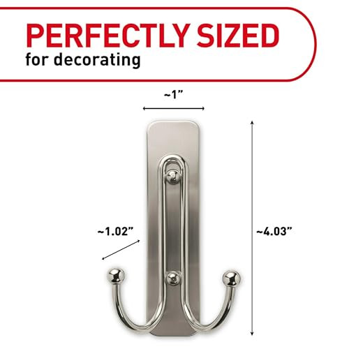 Command Large Brushed Nickel Double Hooks, 2 Hooks and 2 Strips, Damage Free Hanging Wall Hooks with Adhesive Strips, No Tools Coat Hooks for Hanging