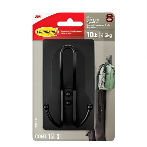 Command X-Large Matte Black Triple Hook, 1 Hook, 3 Strips, Damage-Free Hanging with Adhesive Strips, No Tools Wall Hook for Hanging Decorations in Li