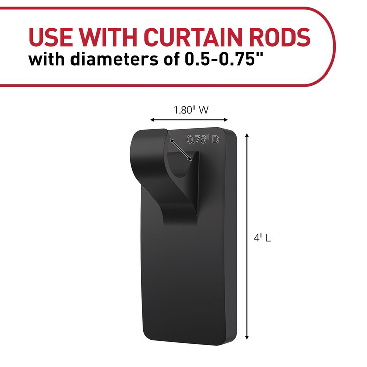 Command 10 lb Matte Black Curtain Rod Hooks, 2 Hooks and 4 Strips, No Drilling Home Decor and Room Decor, Use with Rod Diameters 0.5-0.75"