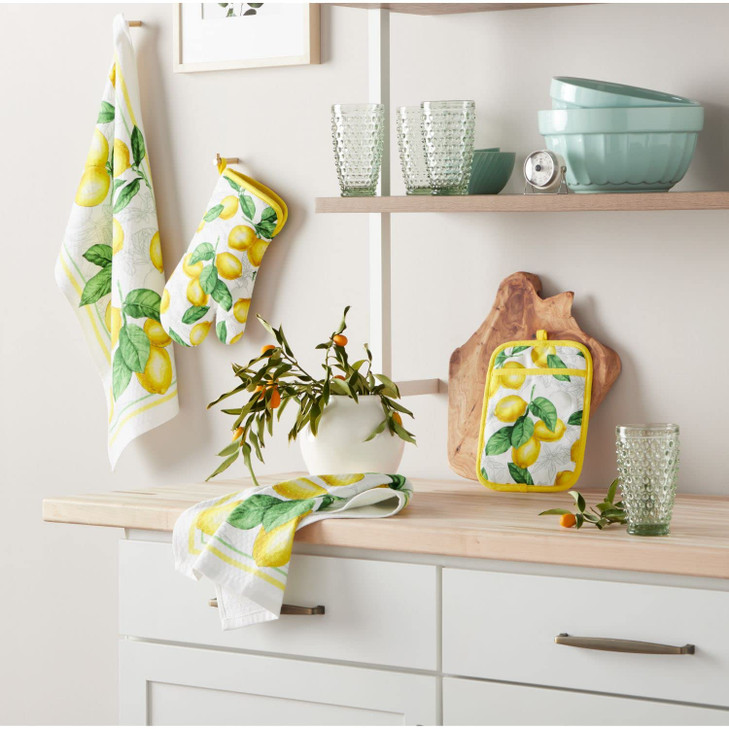 Martha Stewart Lots of Lemons Modern Kitchen Towel, Oven Mitt & Potholder Set, 4-Pack, White-Yellow