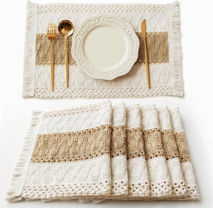 FEXIA Boho Placemats Set of 6, Macrame Table Decor Farmhouse Style Placemats in Natural Cotton Burlap, for Kitchen and Dining Table Centerpiece Home