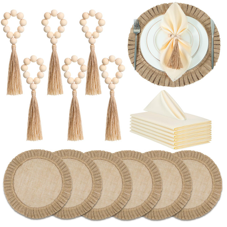 Gejoy Round Burlap Placemats Wood Bead Napkin Rings with Dinner Napkins Cloth, Jute Heat Resistant Placemats Boho Wooden Rings for Plates Wedding Din