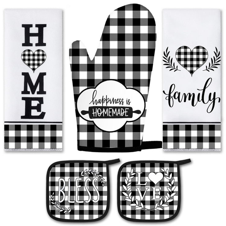 5 Pieces Buffalo Plaid Kitchen Towels Oven Mitts and Pot Holder Set Black and White Kitchen Towels Oven Gloves, Hot Pads Pot Holders for Farm House A