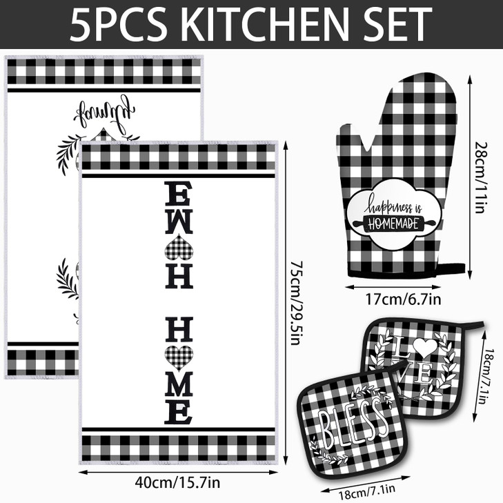 5 Pieces Buffalo Plaid Kitchen Towels Oven Mitts and Pot Holder Set Black and White Kitchen Towels Oven Gloves, Hot Pads Pot Holders for Farm House A