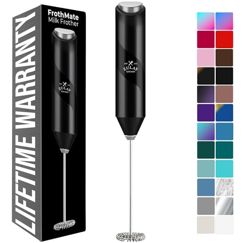 Zulay Kitchen Powerful Milk Frother Wand - Handheld Stainless Steel - Battery Operated Drink Mixer for Coffee, Lattes, Cappuccino, Matcha - Froth Mat