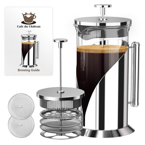 Cafe Du Chateau Stainless Steel French Press Coffee Maker 34 oz - Easy to Use Insulated Coffee Press with 4-Level Filtration, Manual Brewer for Tea,