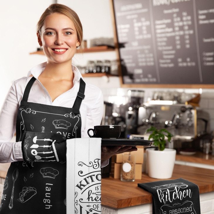 Bencailor 13 Pcs Christmas Kitchen Sets Christmas Aprons Oven Mitts and Pot Holders Dish Towels Wooden Spoons for Xmas Gifts(Black White,Kitchen)