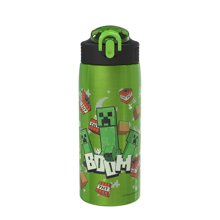 Zak Designs Minecraft Water Bottle for Travel and At Home, 19 oz Vacuum Insulated Stainless Steel with Locking Spout Cover, Built-In Carrying Loop, L