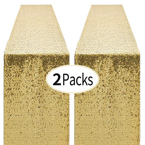 2 Packs 12 x 72 inches Gold Sequin Table Runner, Glitter Runner for Birthday Party Supplies Decorations Wedding Bachelorette Holiday Celebration Brid