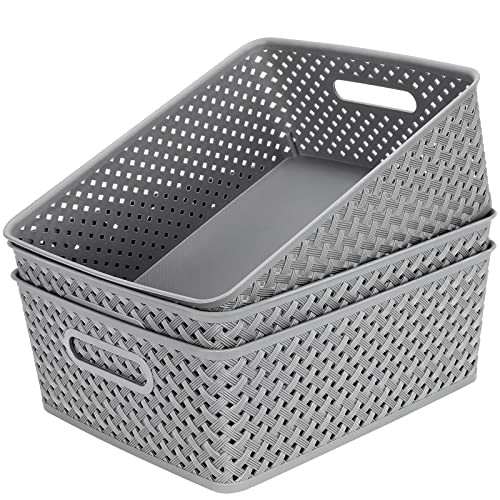 MaxGear Organization and Storage 3 Packs, Plastic Bins Organizer Bins, Woven Baskets for Storage, Plastic Baskets with Handles, Grey Basket for Organ