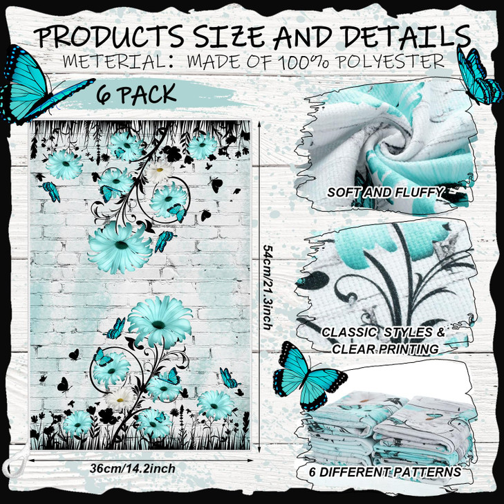 Breling Set of 6 Teal Daisy Kitchen Towel Vintage Themed Dish Towel Turquoise Bathroom Decorative Rustic Tea Cloths for Kitchen Bathroom Home Cooking