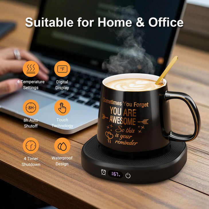 Coffee Mug Warmer & You are Awesome Mug Set, Electric Cup Warmer with Auto Shut Off, 4 Temperature Setting Smart Beverage Warmer, 8-Hours Auto Shut O