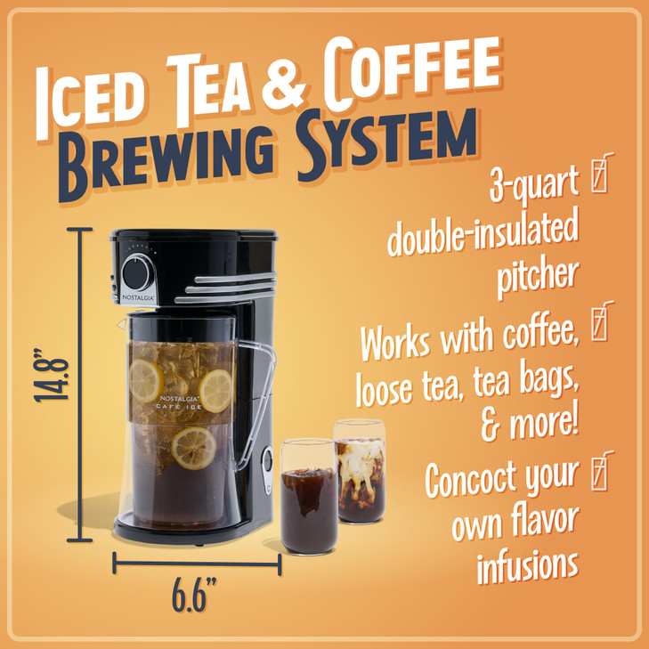 Nostalgia 3-Quart Iced Tea & Coffee Brewing System With Double-Insulated Pitcher, Strength Selector & Infuser Chamber, Also Perfect For Lattes, Lemon