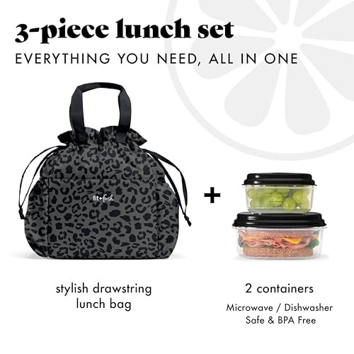 Fit & Fresh Cromwell Drawstring Lunch Bag for Women, Complete Lunch Set with 2 Containers, Stain-Resistant, Leak-Resistant, Back to School Essential,