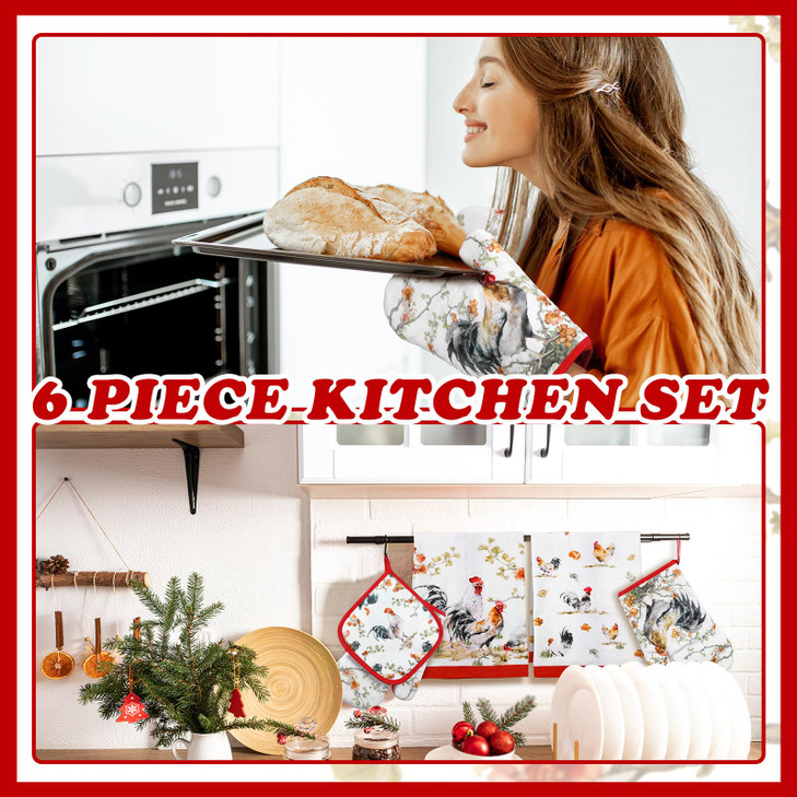 Bencailor 6 Pcs Rooster Kitchen Towels Pot Holders and Oven Mitts Set Chicken Dish Towel Farm Heat Resistant Oven Gloves for Summer Kitchen Decor Coo