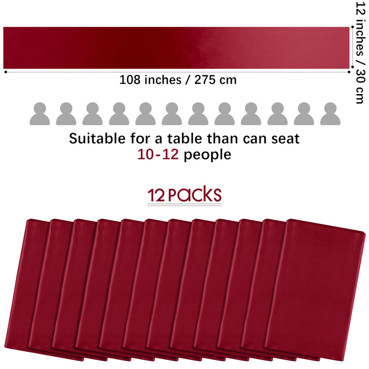 Aneco 12 Pack Satin Table Runner 12 x 108 Inch Burgundy Long Wedding Satin Silk Table Runner for Wedding Banquet Graduations Birthday Party Decoratio