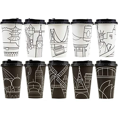 Youngever 70 Sets Disposable Coffee Cups with Lids, To Go Hot Coffee Cups, Durable Paper Cups with Lids, City Skyline Design