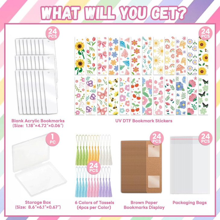 Peacoblue 121pcs Flowers and Leaves UV DTF Acrylic Bookmark Making Kits Carft for Women Men Adult, DIY Personalized Cute Bookmarker Decal Stickers Wa