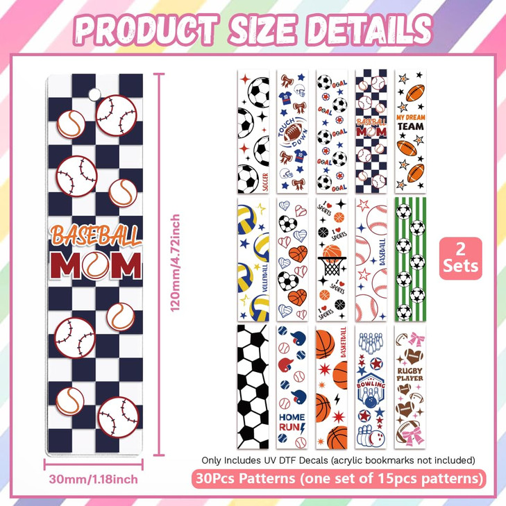 Peacoblue 30pcs UV DTF Bookmarks Transfer Stickers Wraps Sport Ball Series for Women Men Reading, Waterproof Bookmarkers Decal(No Blank Bookmarks) fo