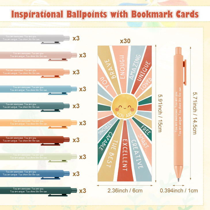 Fullhawl Valentine's Day Gifts Bulk Inspirational Boho Smiling Sun Ballpoint Pens with Bookmarks Mental Health Motivational Gifts for Teacher Coworke