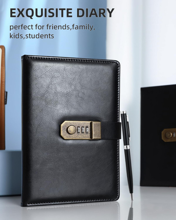 Nicpro Diary with Lock, A5 PU Leather Journal with Lock, Metal Pen, 260 Pages Password Notebook for Men and Women, Vintage Daily Journal for Travel,