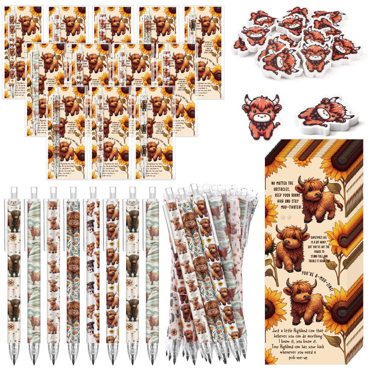 Feifeiya 30 Set Employee Appreciation Gifts Bulk Highland Cow Mechanical Pencil with Positive Bookmark Funny Inspirational Gift for Employee Team Tea