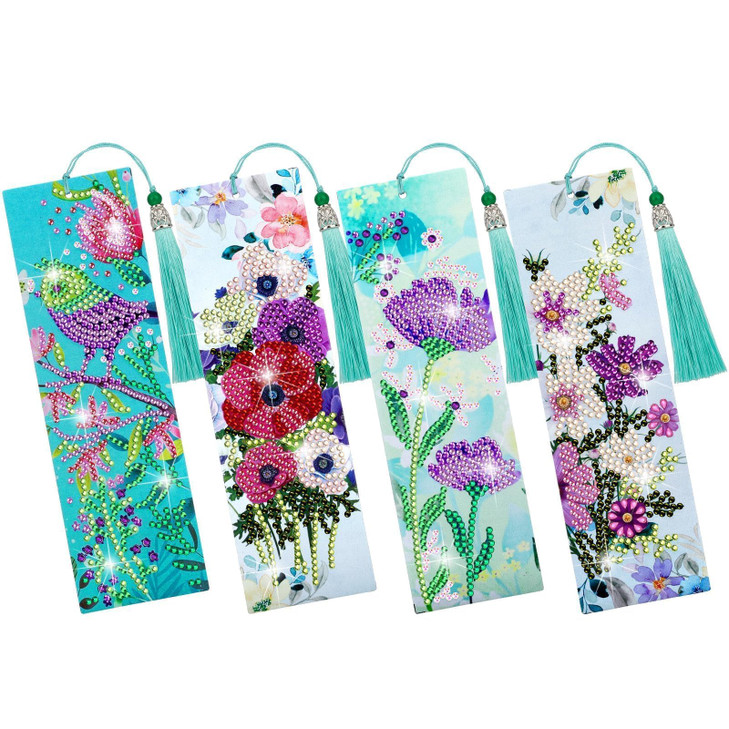 EEEKit 4 PCS Diamonds Painting Bookmarks, DIY Diamond Art Kits for Adults, Floral Tassel Leather Page Bookmark for Book Lovers