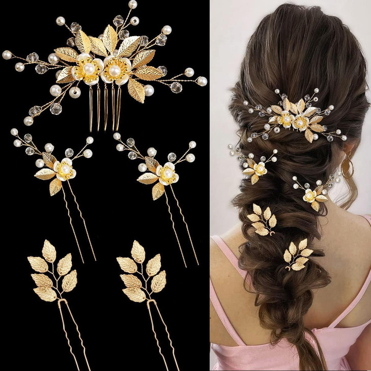 BOYIVI Hair Comb and 4 Pcs Hair Pins, 5 Pieces Gold Leaf, Crystal, Pearl, Vintage, Bridal Hair Accessories, Wedding Hair Clips, Headpiece for Brides,