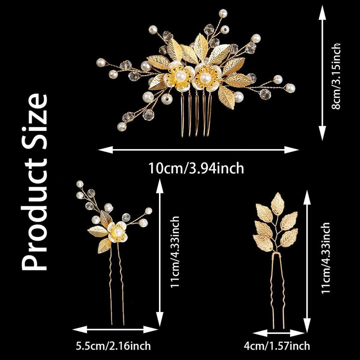 BOYIVI Hair Comb and 4 Pcs Hair Pins, 5 Pieces Gold Leaf, Crystal, Pearl, Vintage, Bridal Hair Accessories, Wedding Hair Clips, Headpiece for Brides,