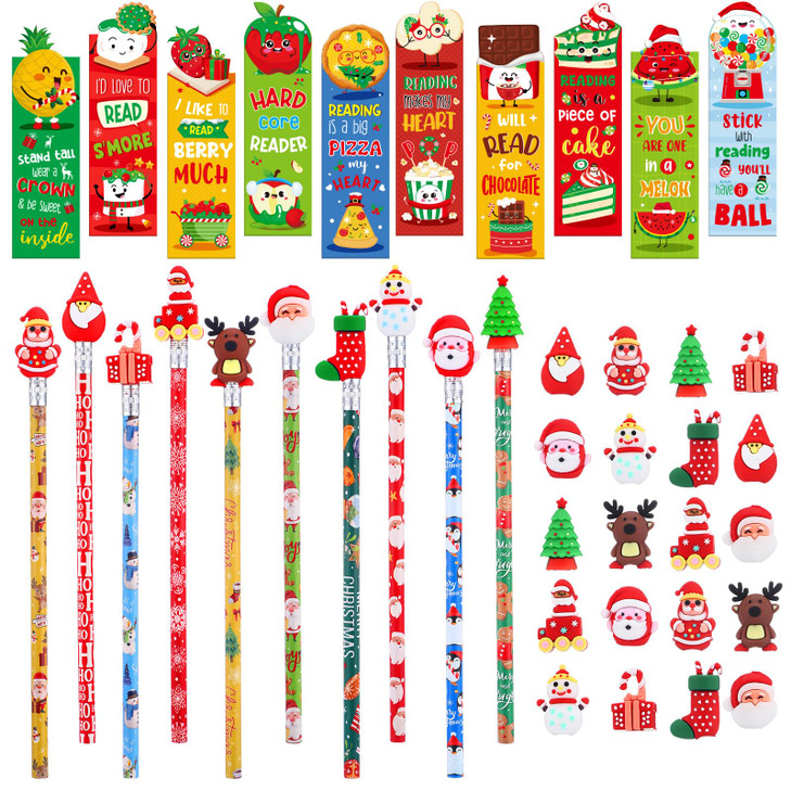 Tenceur 120 Pcs Scented Bookmarks and Smelly Pencils with Cute Toppers Christmas Fun Scratch and Sniff Bookmarks Bulk Xmas Tree Santa Elk Assorted Sc