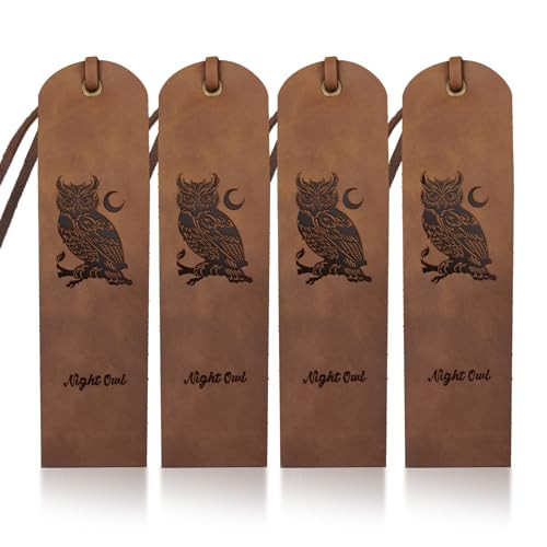 MAYJOYDIY 4pcs Owl Moon Leather Bookmarks 2×7inch Night Owl Cowhide Vintage Leather Book Markers Genuine Handmade Page Markers for Men Women Lovers G