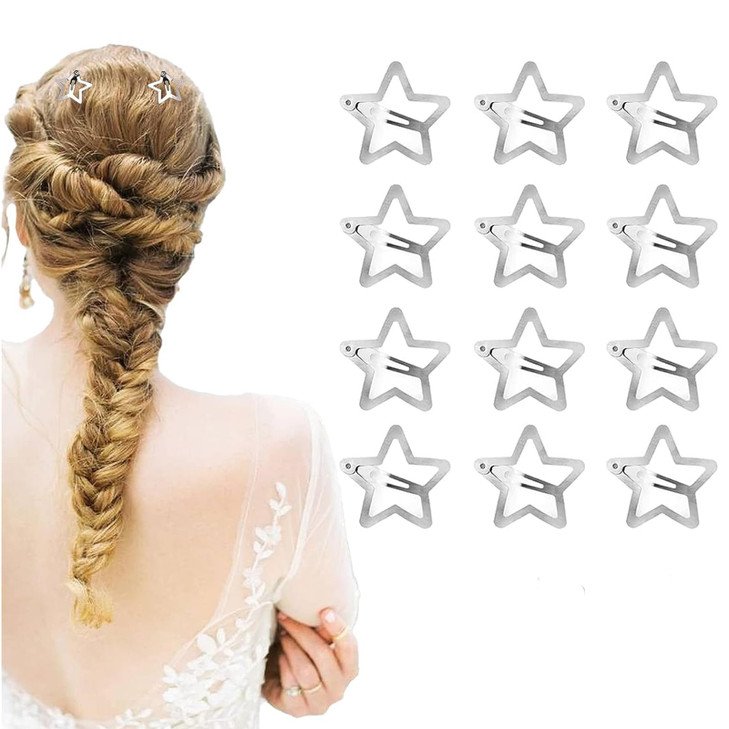 Bqmte Star Hair Clips, 1.61''Snap Hair Barrettes Non-Slip Silver Metal Hair Accessories Hairpins for Women Girls hair Styling (12 PCS)