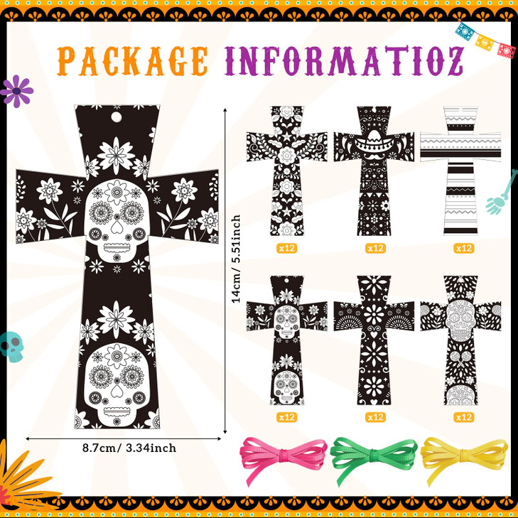 72 Pcs Halloween Color Your Own Bookmarks Mexican DIY Skull Blank Bookmark with Ribbon Day of The Dead Crafts Ornaments for Mexico Decorations Classr