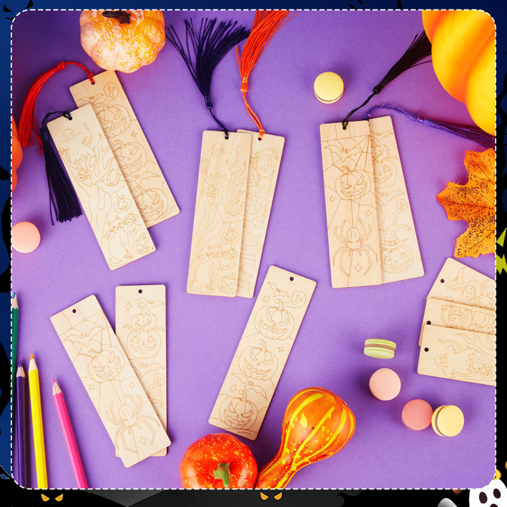 AmazingSpark 100 Pcs Halloween Wood Bookmarks DIY Crafts Kit, 50 Set Color Your Own Blank Bookmark with Tassels Bulk for Art Gifts Pumpkins Bat Ghost