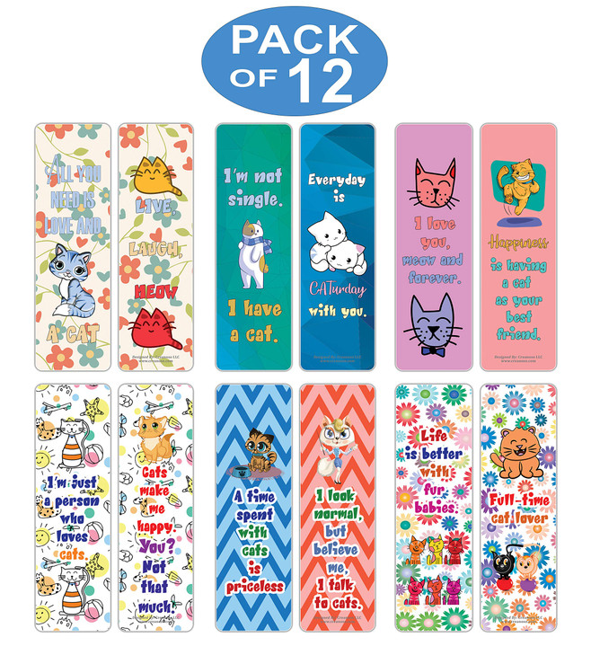 Creanoso Cats Enthusiasts Bookmarks Cards (12-Pack)  Premium Gifts Bookmarks for Bookworm  Stocking Stuffers for Men, Women, Teen, Bookworms  Offi