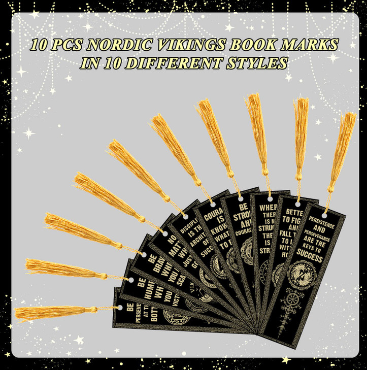 10 Pcs Motivational Bookmarks for Men Christmas Nordic Vikings Bookmarks with Tassels Celtic Book Marker PVC Scandinavian Vikings Book Marks for Xmas