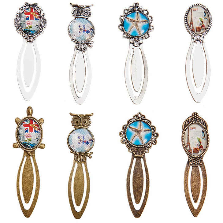 SUNNYCLUE 16PCS 8 Styles Mixed Color Bookmark Pendant Tray Kit Include 8pcs Oval Round Metal Bookmark Cabochon Setting with 8pcs Clear Glass Cabochon