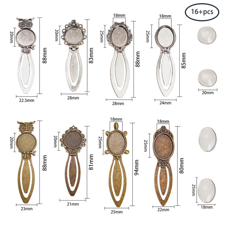 SUNNYCLUE 16PCS 8 Styles Mixed Color Bookmark Pendant Tray Kit Include 8pcs Oval Round Metal Bookmark Cabochon Setting with 8pcs Clear Glass Cabochon
