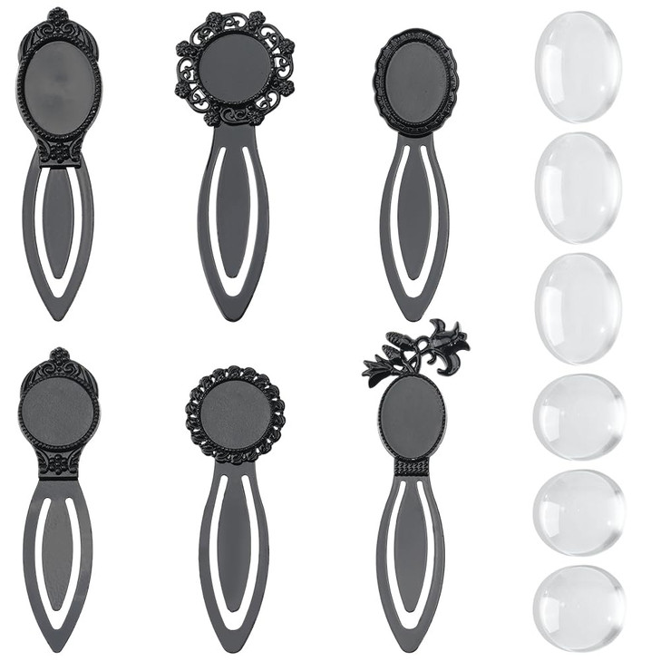 SUNNYCLUE 1 Box 12Pcs DIY 6 Sets Cabochon Bookmarks 6Pcs Bookmark Blanks with 6Pcs Glass Cabochons DIY Bookmark Kits Flower Oval Black Vintage Metal