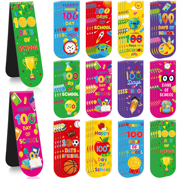 Pasimy 48 Pcs 100th Day of School Magnetic Bookmarks Happy 100th Days of School Bookmarks Colorful Magnet Page Clip Gifts School Party Favors for Cla