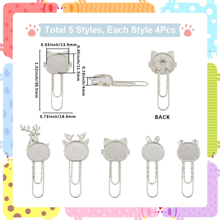 SUNNYCLUE 1 Box 20pcs 5 Styles Cabochon Bookmarks Vintage Bookmarks Alloy Metal Antique Silver Cat Rabbit Animal Shape Blank Retro Bezels Book Marks