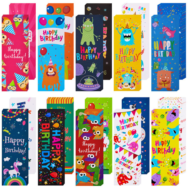 Tenare 100 Pieces Happy Birthday Bookmarks Laminated Imaginative Colors and Patterns for Students Classroom Stationery Supplies
