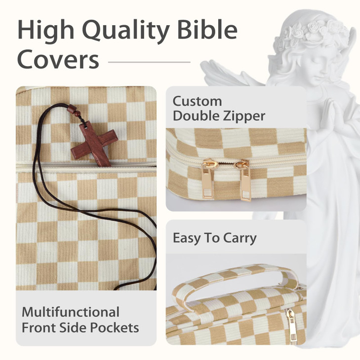 Bible Cover Case for Women Corduroy Bible Case for Girls Checkered Large Bible Cover with Handle Bible Study Supplies Accessories Christian Gifts for
