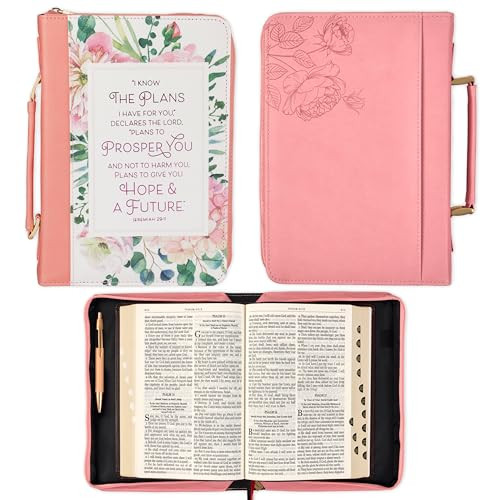 Christian Art Gifts Fashion Vegan Leather Bible Cover for Women: I Know The Plans Inspirational Bible Verse, Pink Floral, Medium