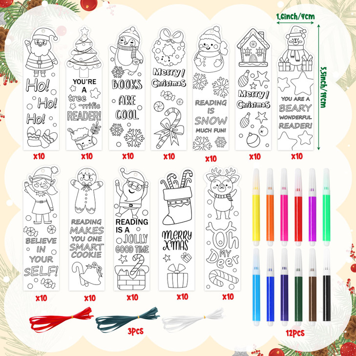 ANGOLIO 135Pcs Merry Christmas Color Your Own Bookmarks for Kids DIY Coloring Blank Bookmark with Snowman Christmas Tree Classroom Art Craft Supplies