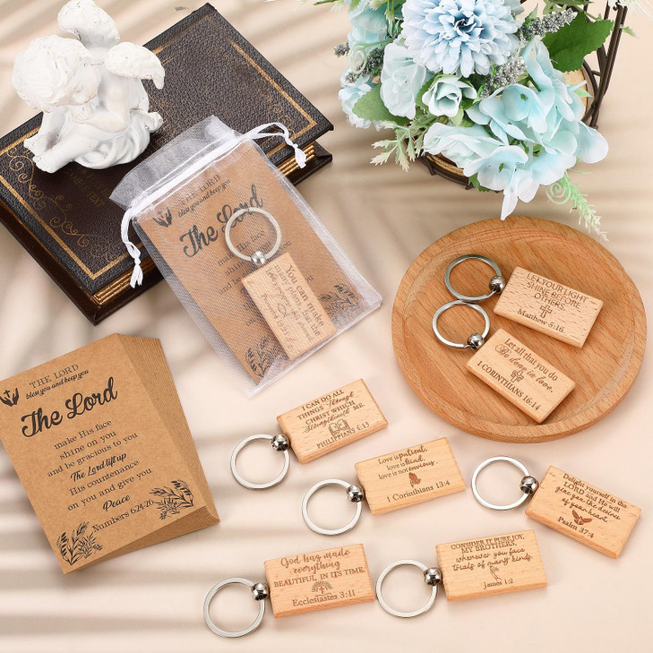 Siifert 50 Sets Christian Gifts Set Include Wooden Bible Verse Keychain Inspirational Scripture Cards with Bible Verses and White Organza Bags for Me