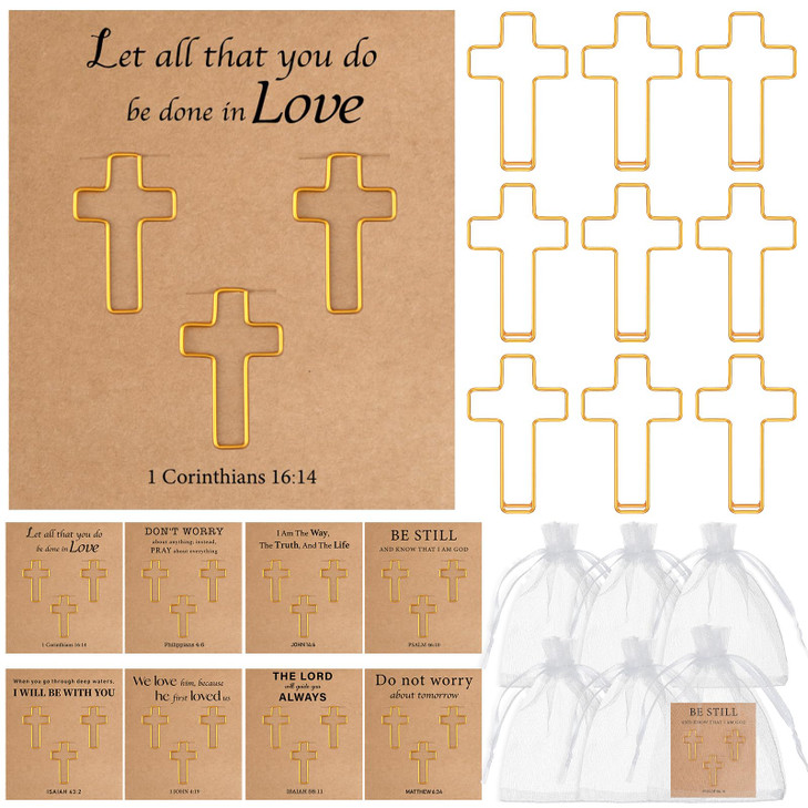 Affrolling 48 Set Christian Cross Paper Clips Gifts Bulk Include 144 Pcs Cross Bookmarks with Bible Cards and Organza Bags Christian Bookmarks for Ch