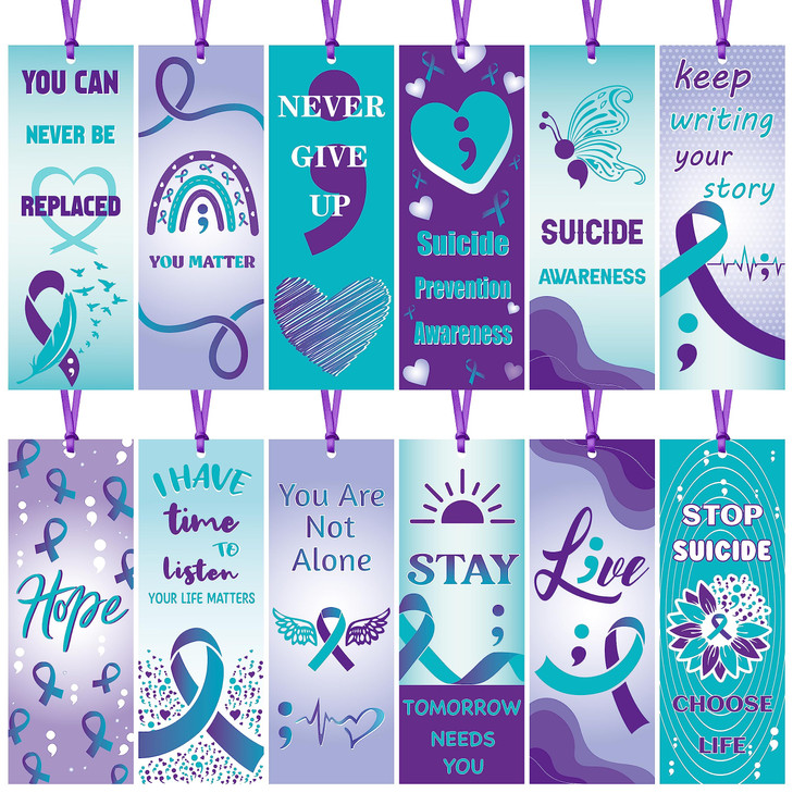 Haooryx Suicide Prevention Awareness Bookmarks - 123Pcs Teal Purple You are Not Alone Never Give Up Stay Tomorrow Needs You Book Marks for Suicide Pr