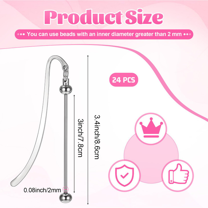 24 Pcs Beadable Bookmarks DIY Metal Blank Bar Bookmark Silver for Beads DIY Bookmarks Craft Jewelry Pendant Charm Gift for Book Lovers Student Teache