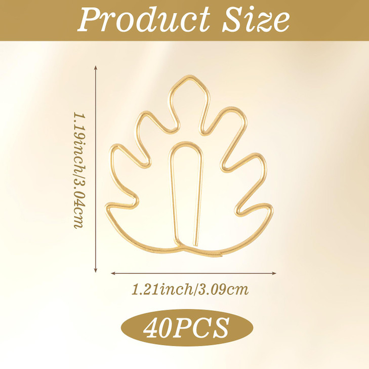 HINZIC 40 Pack Paperclip Bookmarks, Cute Leaf Shape Monstera Paper Clips Page Markers for Notebooks Scrapbooks File Organizer- Gold